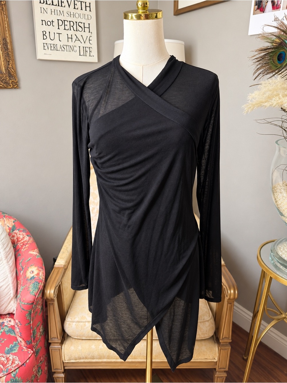 Marcella NYC Morgan Sheer Wrap Tunic Black Size S Asymmetrical Long Sleeve